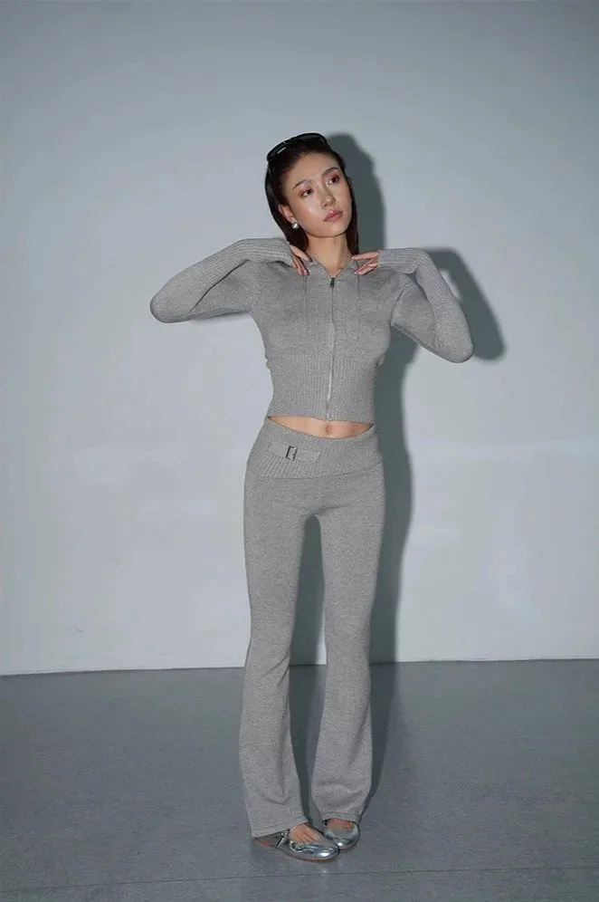 Skinny Ribbed Knit Cropped Hoodie and Lightweight Leggings Co-ord Set