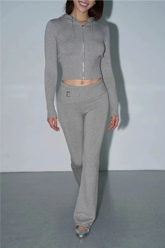 Skinny Ribbed Knit Cropped Hoodie and Lightweight Leggings Co-ord Set