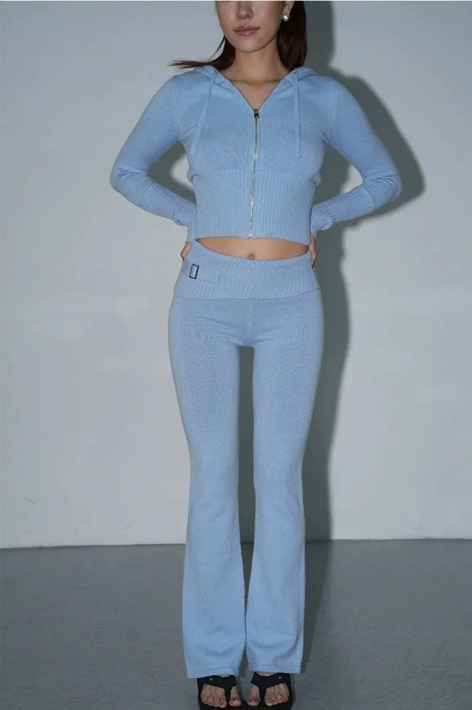 Skinny Ribbed Knit Cropped Hoodie and Lightweight Leggings Co-ord Set