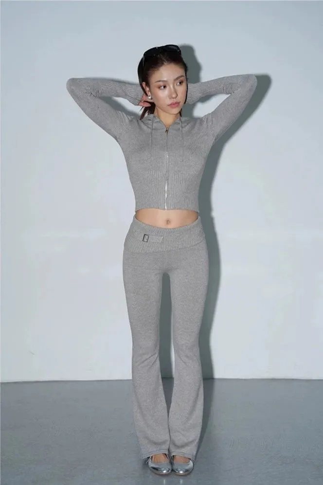 Skinny Ribbed Knit Cropped Hoodie and Lightweight Leggings Co-ord Set