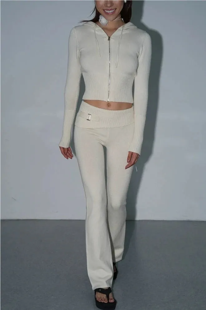 Skinny Ribbed Knit Cropped Hoodie and Lightweight Leggings Co-ord Set