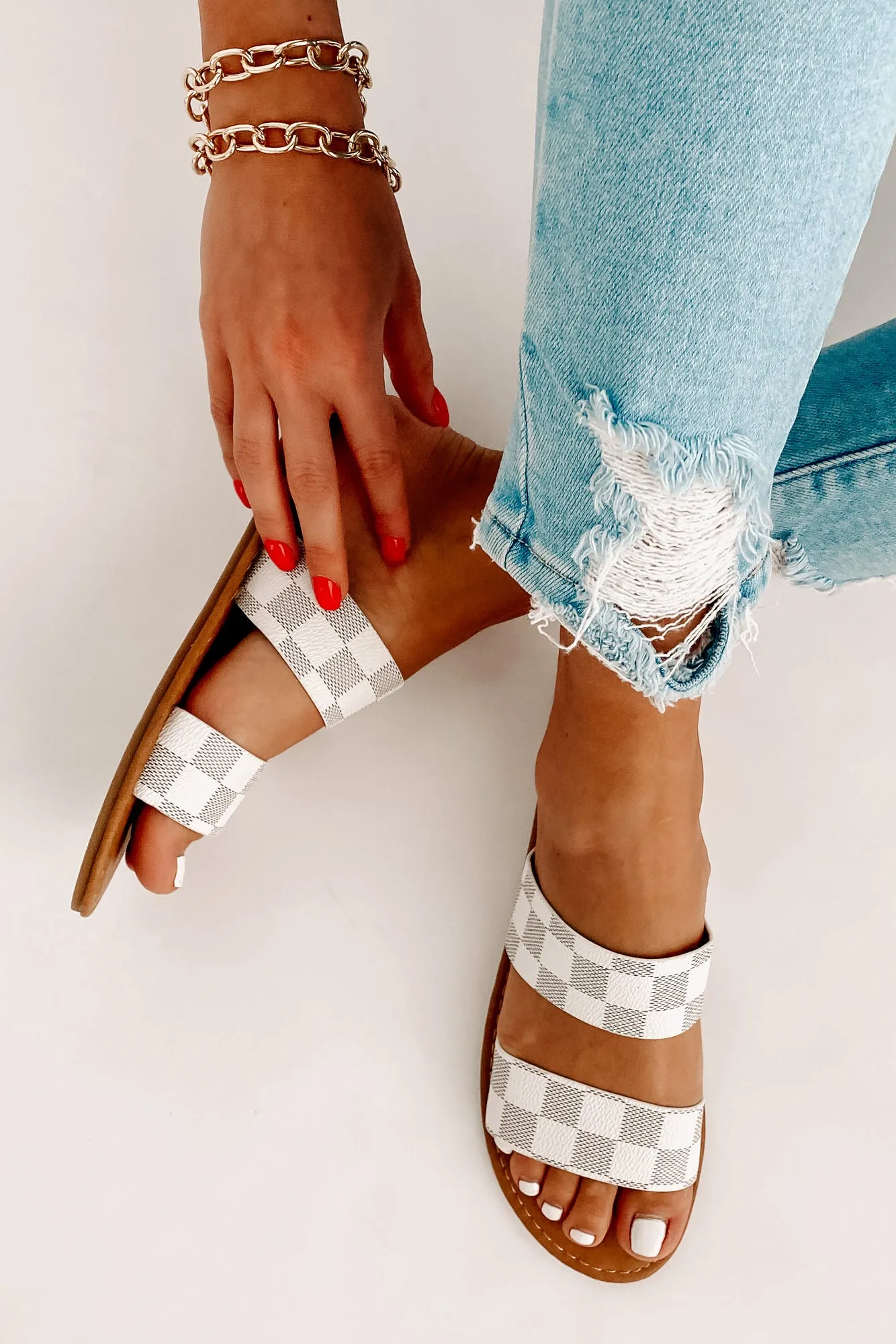 Trendy Traditions Checkered Print Double Strap Sandals (White)
