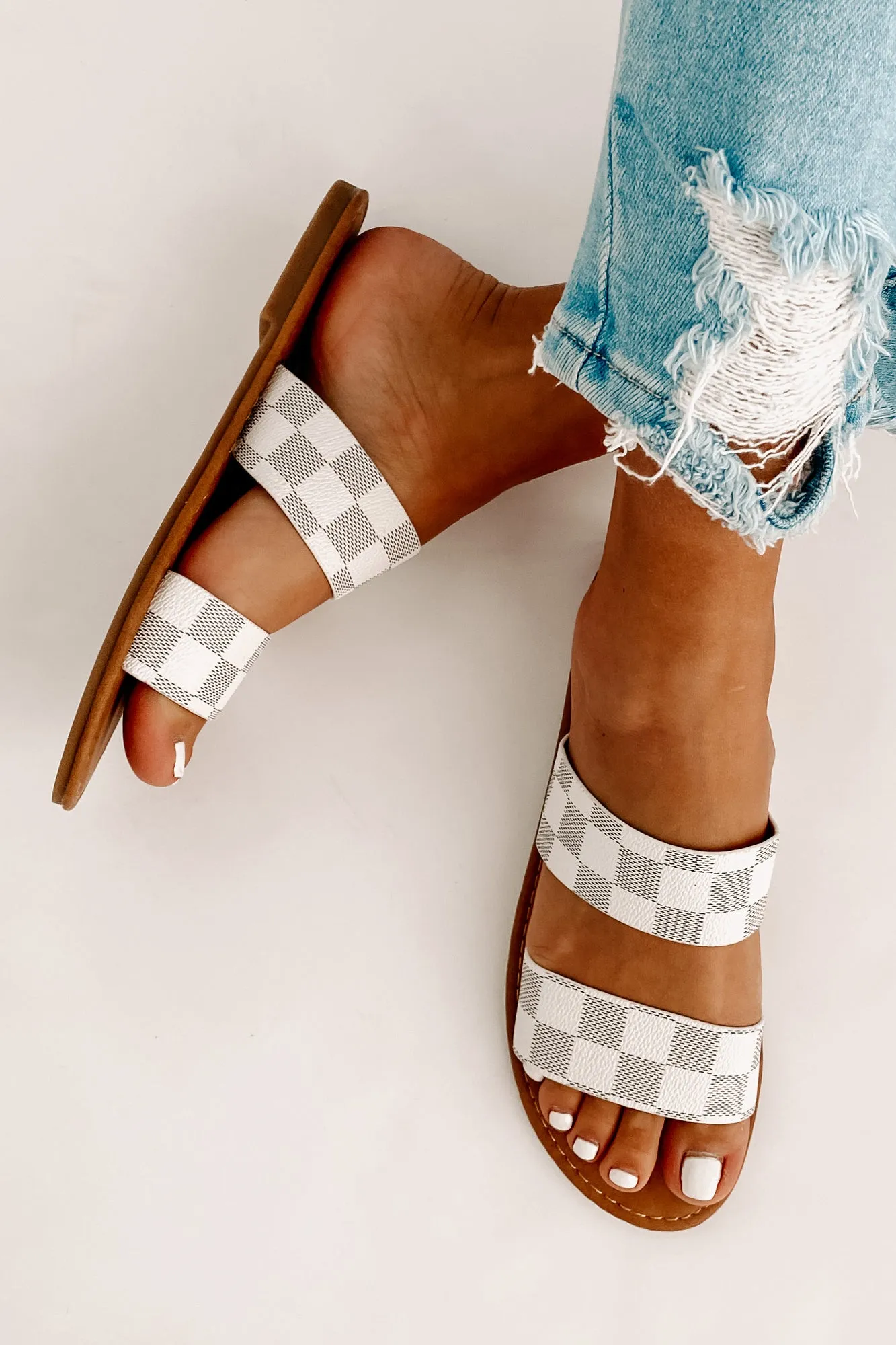 Trendy Traditions Checkered Print Double Strap Sandals (White)