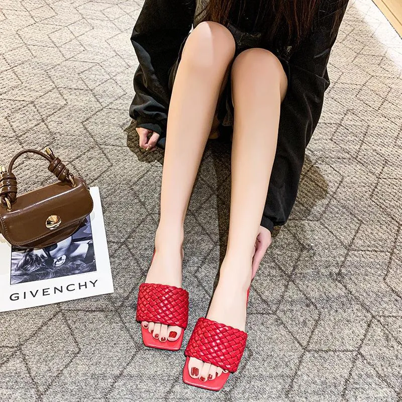 Women square toe woven strap summer beach flat slide sandals