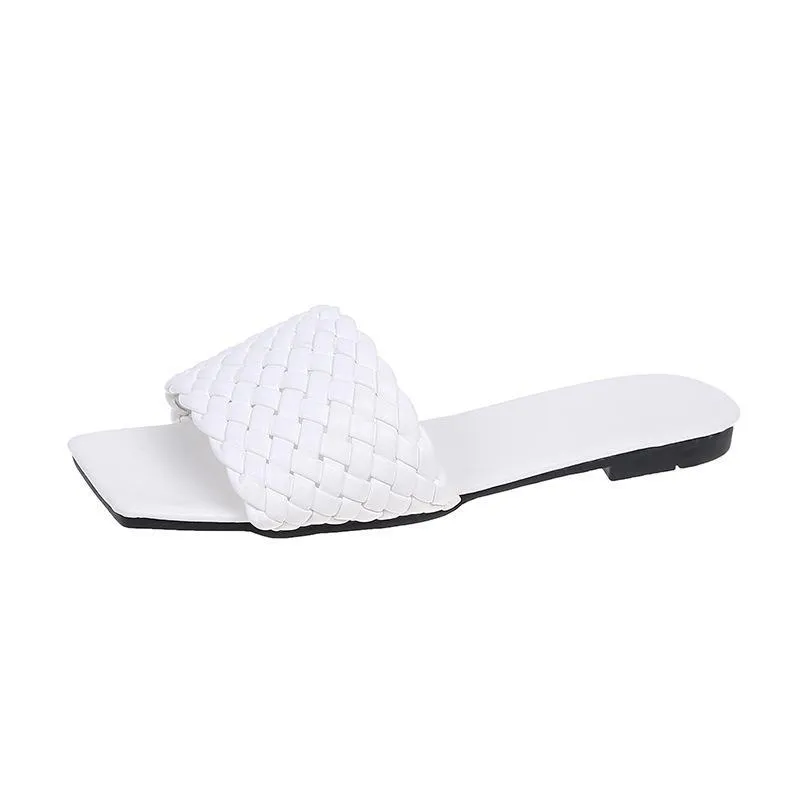 Women square toe woven strap summer beach flat slide sandals