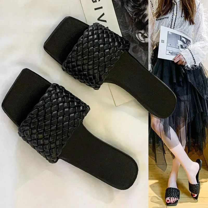 Women square toe woven strap summer beach flat slide sandals