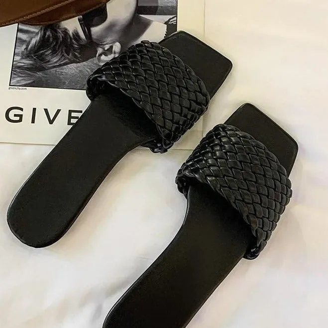 Women square toe woven strap summer beach flat slide sandals