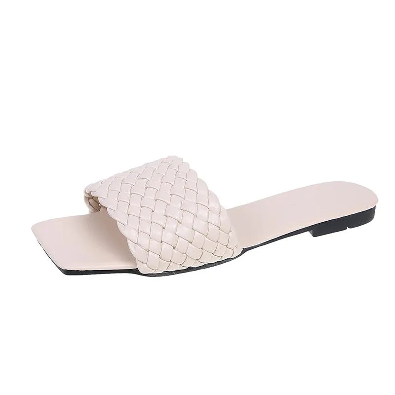 Women square toe woven strap summer beach flat slide sandals