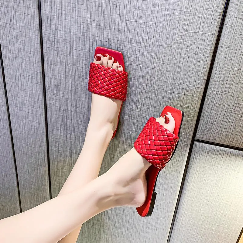 Women square toe woven strap summer beach flat slide sandals