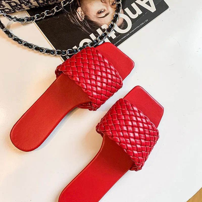 Women square toe woven strap summer beach flat slide sandals