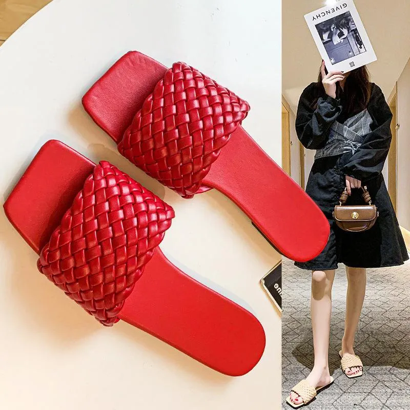 Women square toe woven strap summer beach flat slide sandals