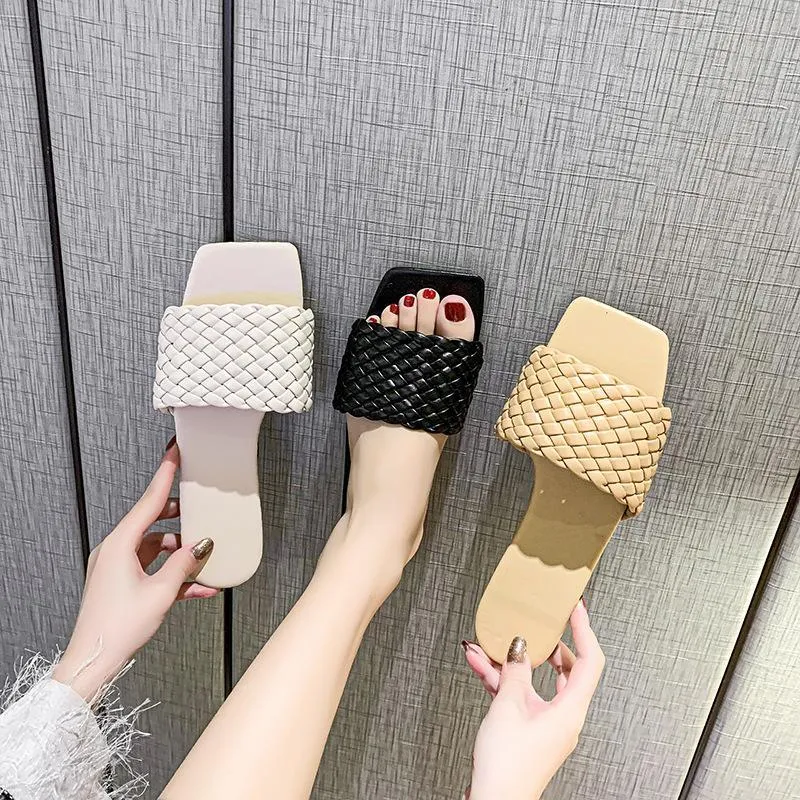 Women square toe woven strap summer beach flat slide sandals