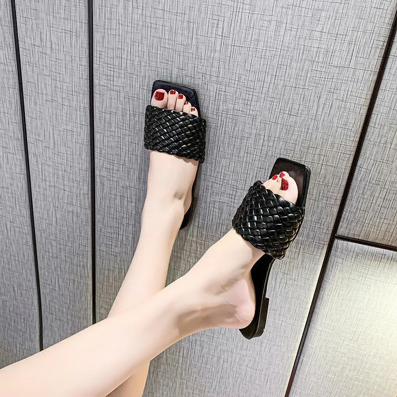 Women square toe woven strap summer beach flat slide sandals