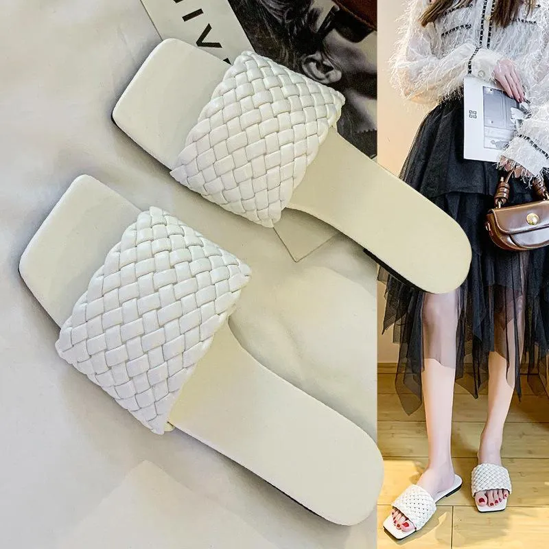 Women square toe woven strap summer beach flat slide sandals
