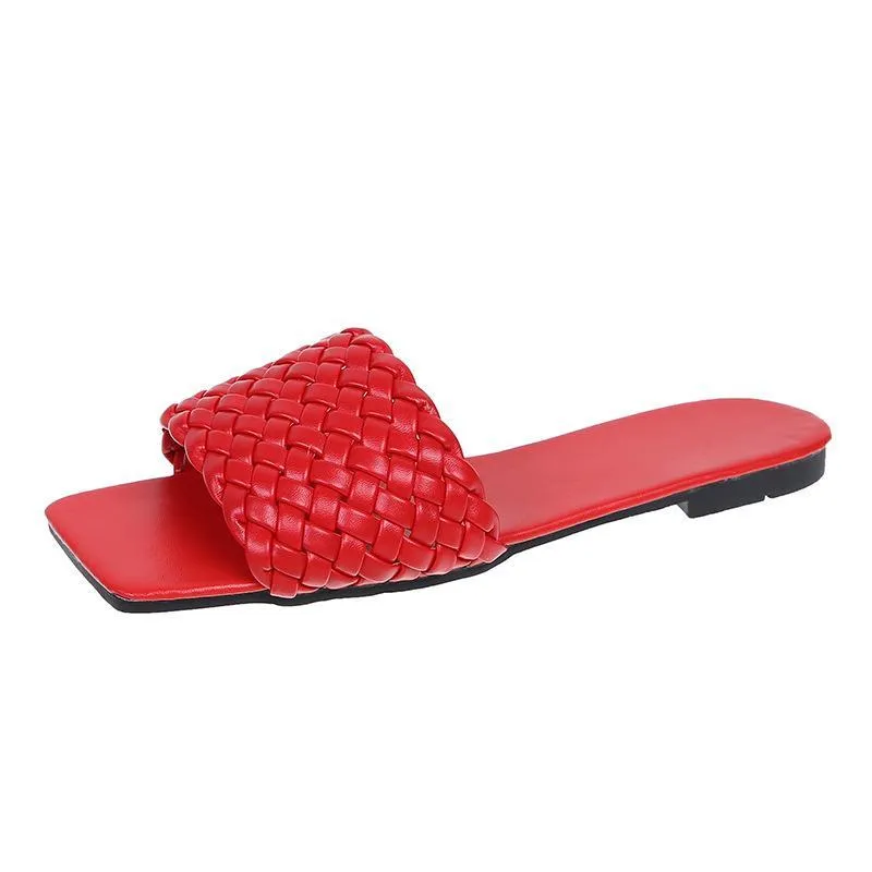 Women square toe woven strap summer beach flat slide sandals