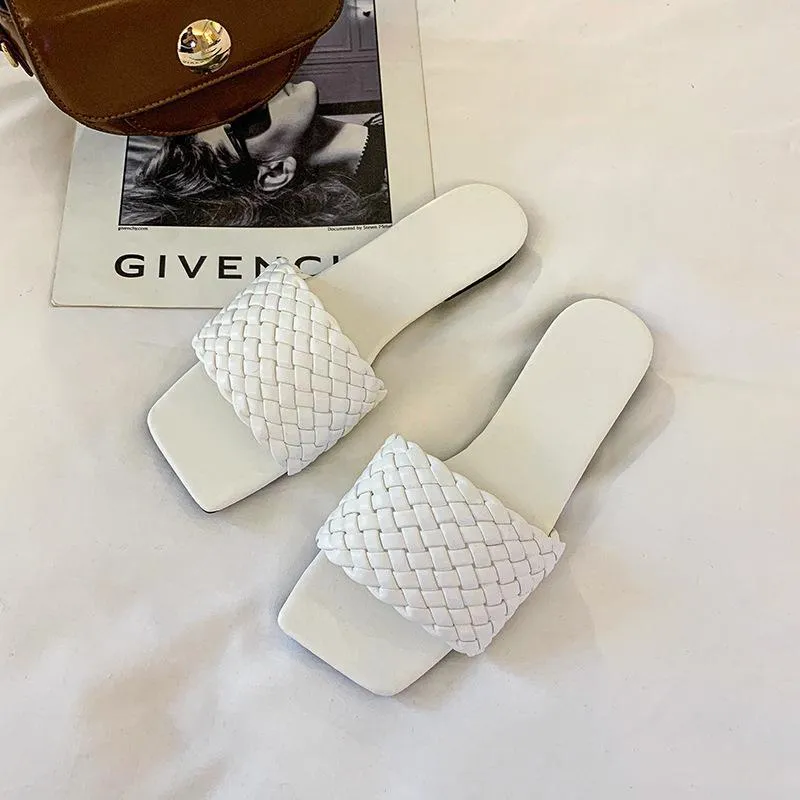 Women square toe woven strap summer beach flat slide sandals