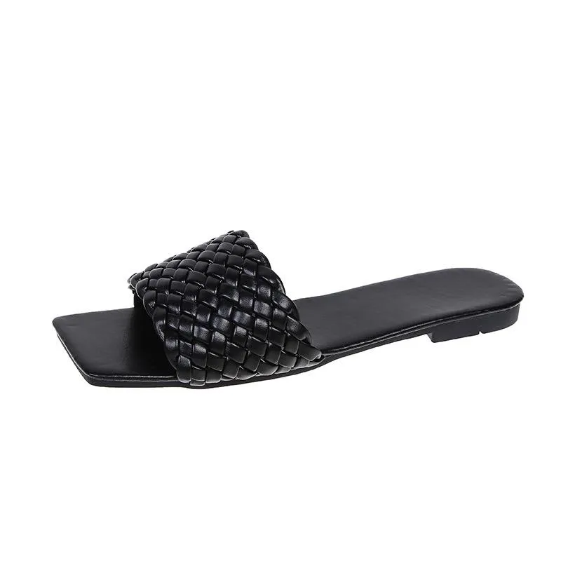 Women square toe woven strap summer beach flat slide sandals