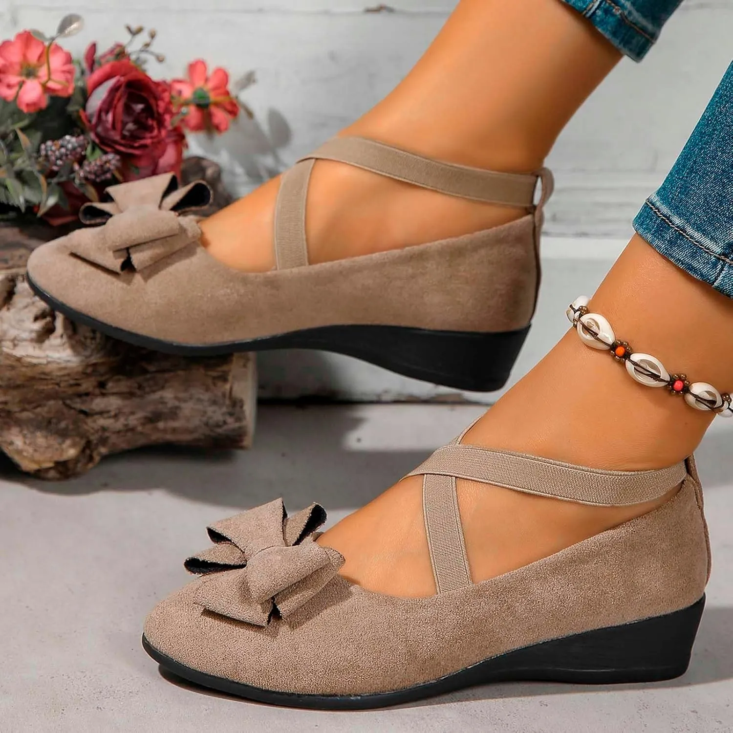 Women's Comfortable Suede Casual Shoes Low Heel Elastic Strap Slip-On Walking Footwear for Daily Wear and Outings