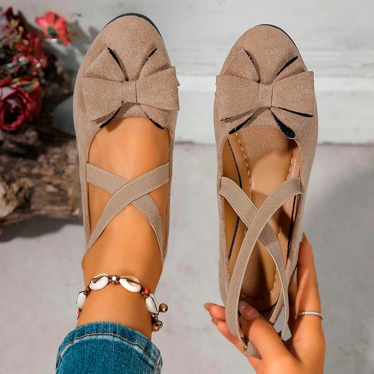Women's Comfortable Suede Casual Shoes Low Heel Elastic Strap Slip-On Walking Footwear for Daily Wear and Outings
